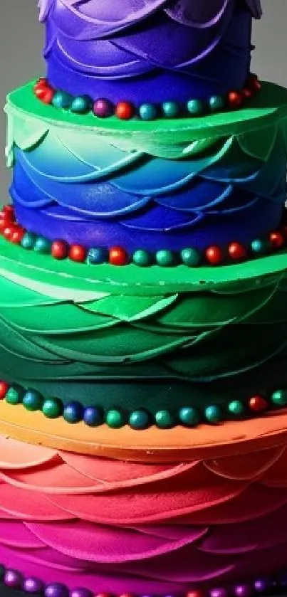 Vibrant multicolored cake with artistic layers.