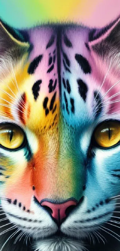 Vibrant multicolored cat illustration with vivid hues in mobile wallpaper.