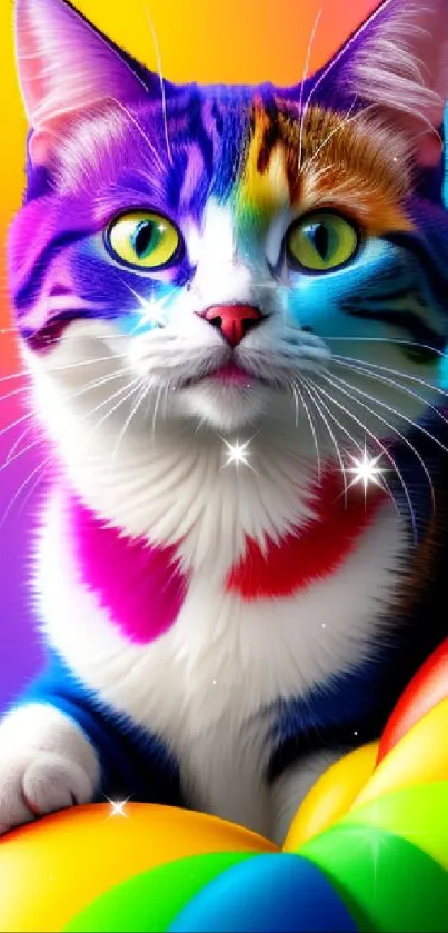 Vibrant cat with rainbow colors on a gradient background.