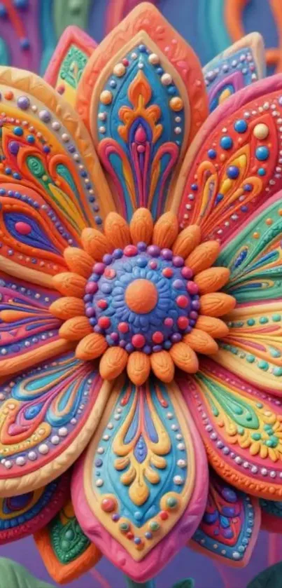 A vibrant multicolored mandala flower design with intricate details.