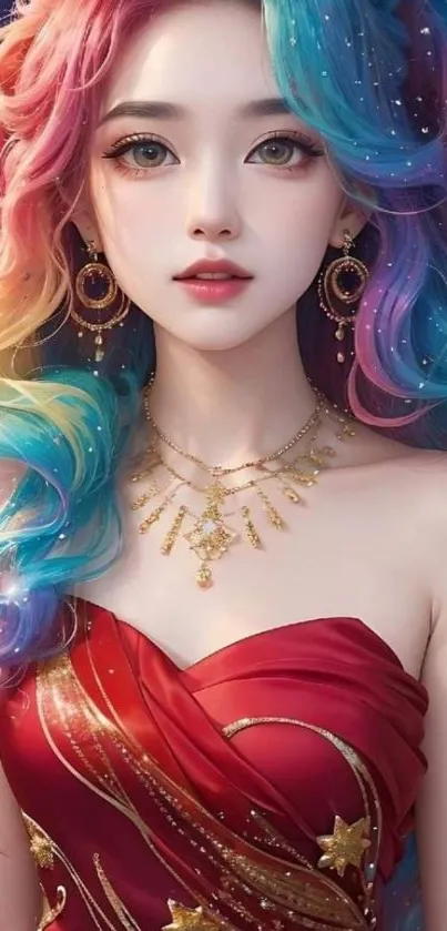 Fantasy artwork featuring colorful hair and a red dress, set against a starry background.