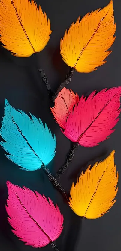 Vibrant leaves in orange, blue, and pink hues on a dark background.