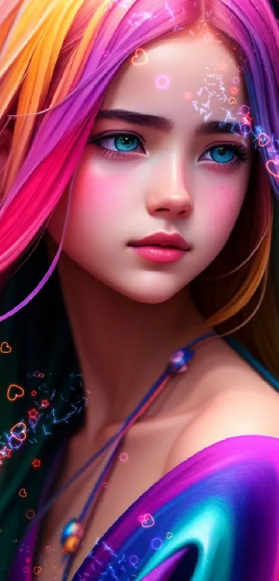 Vibrant digital art portrait with multicolored hair and magenta hues.