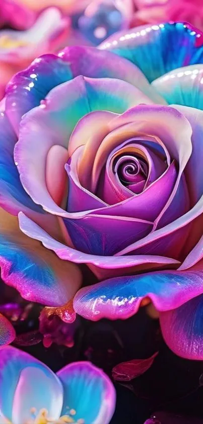 A vibrant, multicolored rose with artistic petals.
