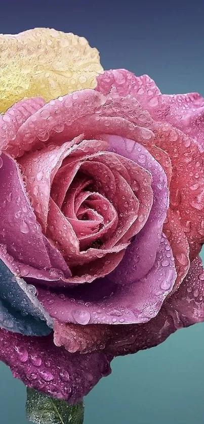 Vibrant multicolored rose with dewdrops on petals.