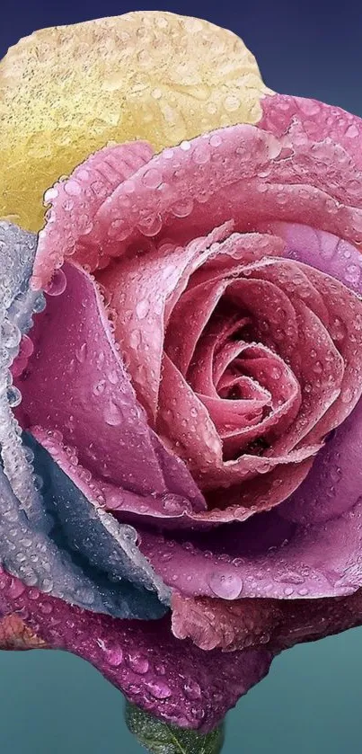 A vibrant, multicolored rose with dewdrops close-up.