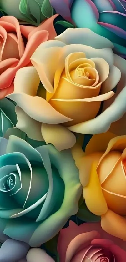 A vibrant mobile wallpaper featuring multicolored roses in an artistic design.