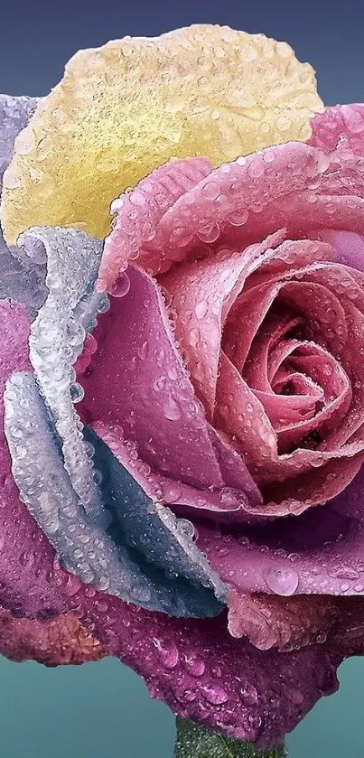 Close-up of a vibrant multicolored rose with dewy petals in pink, purple, and yellow hues.