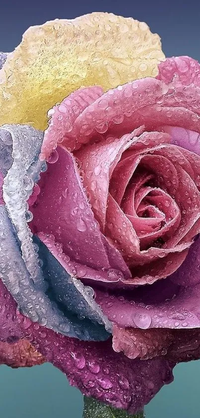 Vibrant multicolored rose with water droplets on petals.