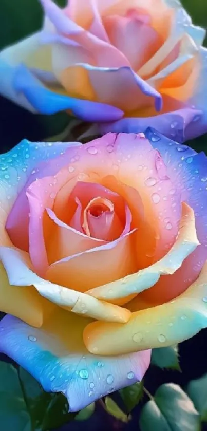 Vibrant multicolored roses with dew drops on petals.