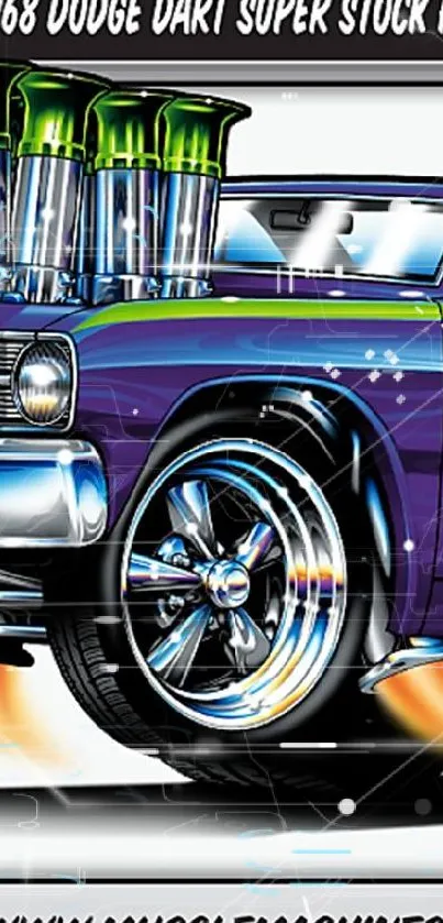 Bold artwork of a Dodge Dart muscle car with chrome wheels.