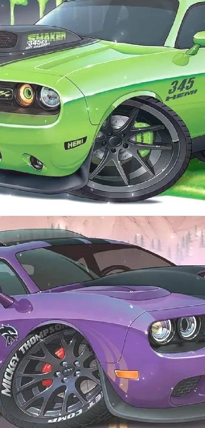 Vibrant artwork of green and purple muscle cars on scenic backgrounds.