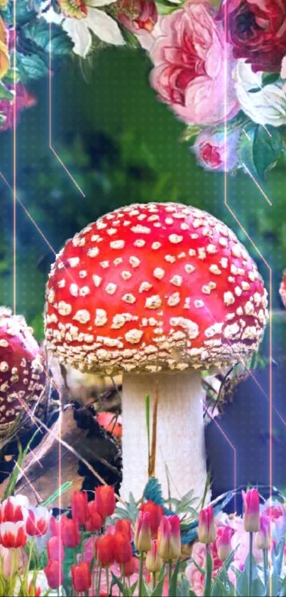 Red mushrooms with floral border on green backdrop.