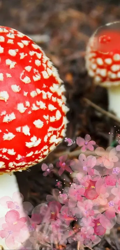 Red mushrooms with delicate pink flowers on wallpaper.
