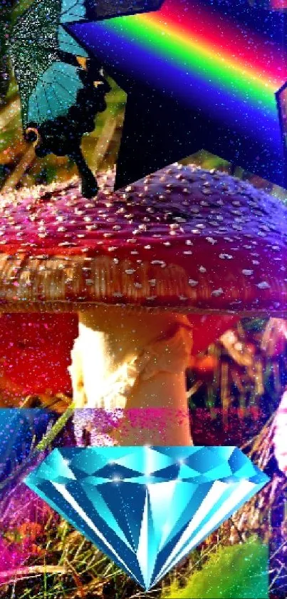 Vibrant mushrooms with butterflies and diamonds on creative phone wallpaper.