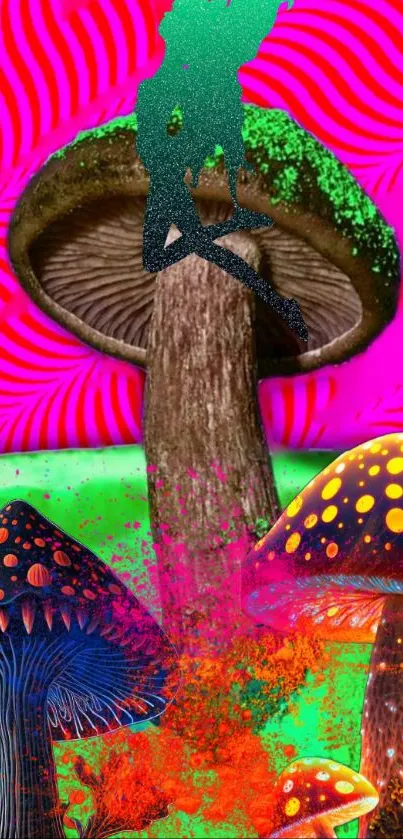 Vibrant and colorful mushroom art with neon pink and green background.
