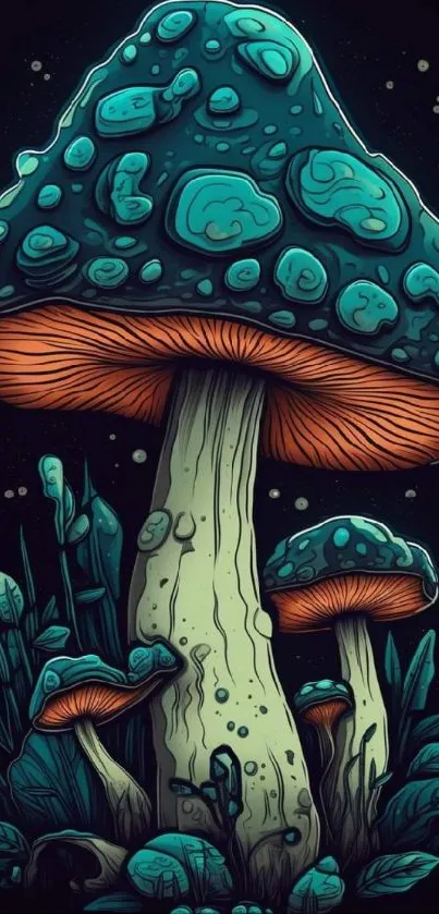 Vibrant mushroom illustration with teal and orange colors.