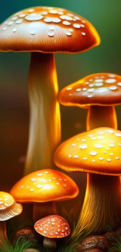 Orange glowing mushrooms create a magical, vibrant phone wallpaper.