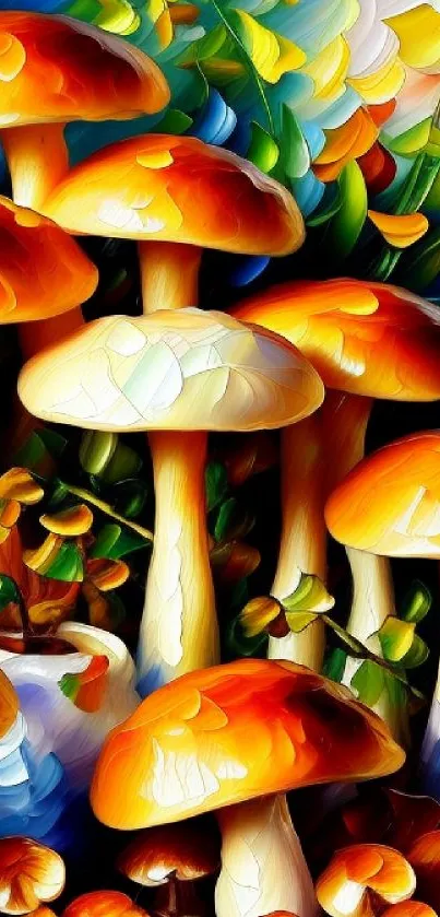 Vibrant mushrooms with abstract art style on mobile wallpaper.