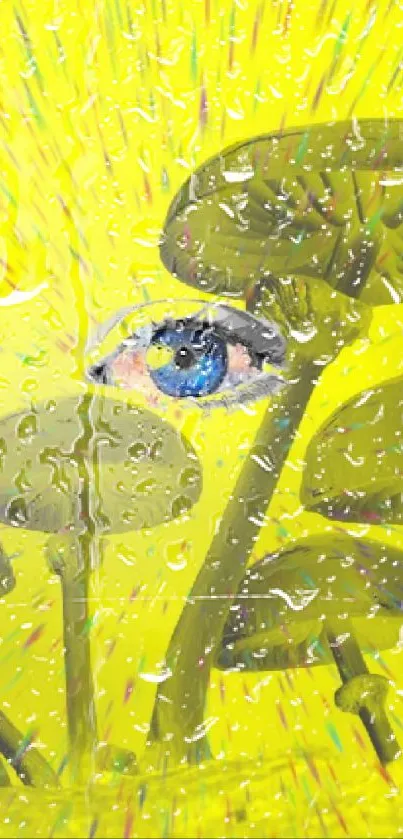 Colorful mushroom wallpaper with eye art and yellow background.