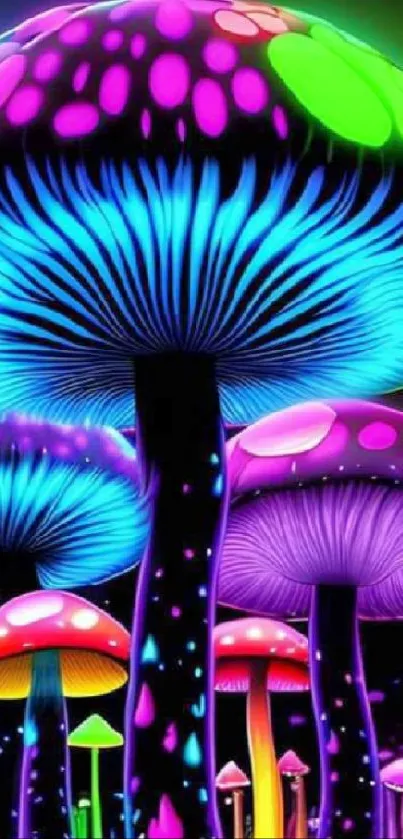 Colorful neon mushrooms glowing in vibrant blues and purples.