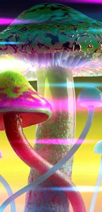 3D mushrooms with vibrant and psychedelic colors in an artistic design.