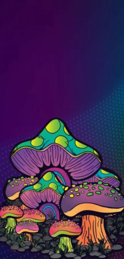 Vibrant digital wallpaper featuring colorful mushrooms on a purple background.