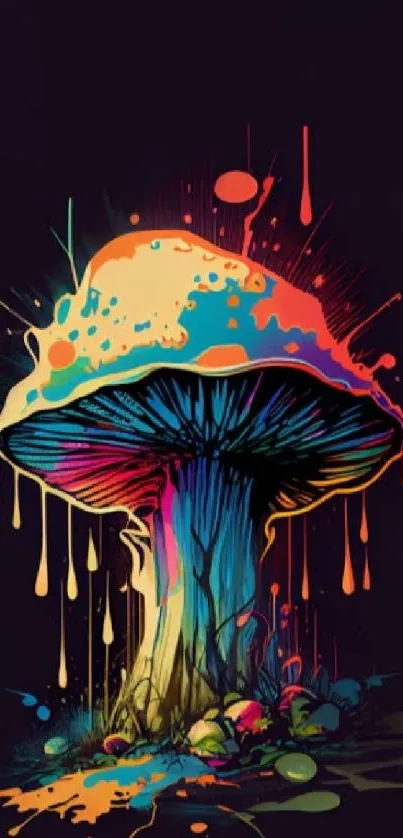 Vibrant mushroom art with colorful dripping hues.