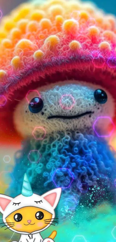 Colorful cartoon mushroom with kawaii cat in vibrant pink and blue hues.