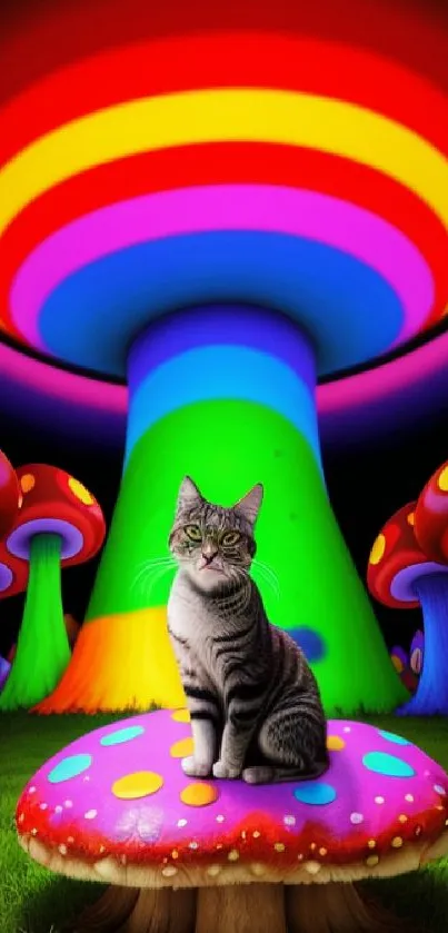 Cat sitting on colorful mushroom in vibrant fantasy scene.