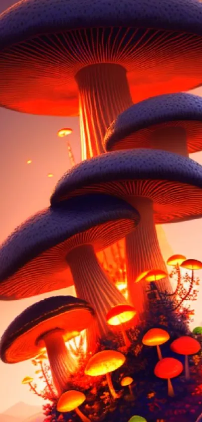 Vibrant glowing mushrooms in a fantasy landscape with orange hues.