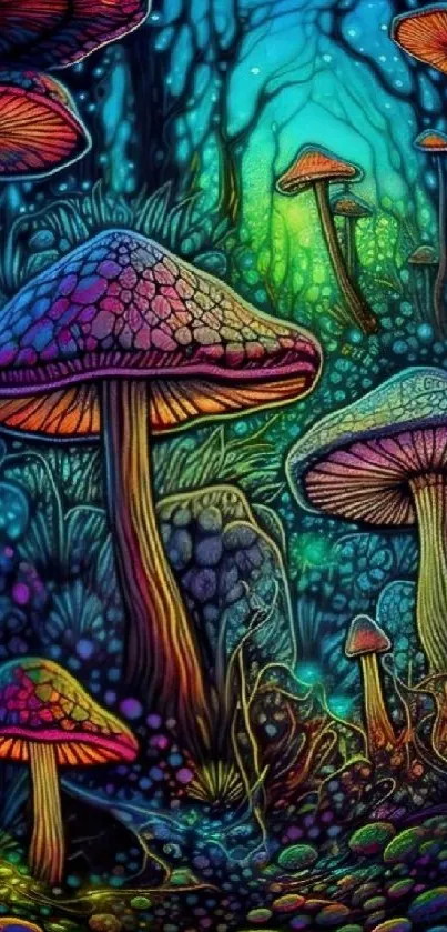 Vibrant fantasy mushroom forest wallpaper with colorful, intricate details.