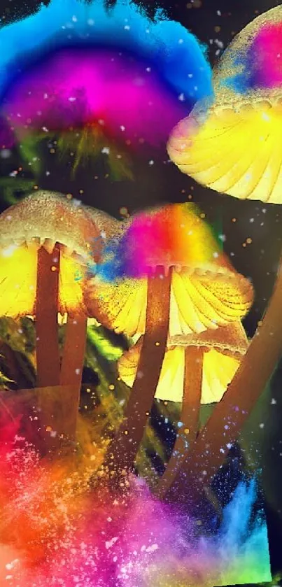 Vibrant glowing mushrooms in dark forest scene.