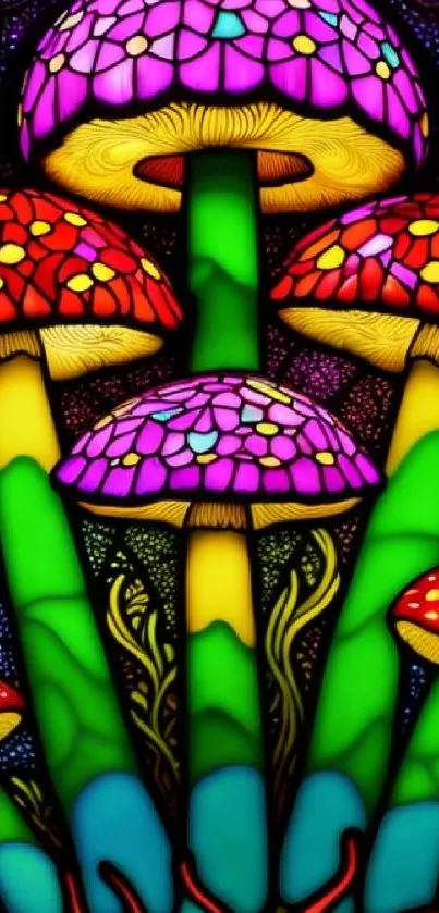 Colorful fantasy mushrooms in a vibrant and psychedelic art design.