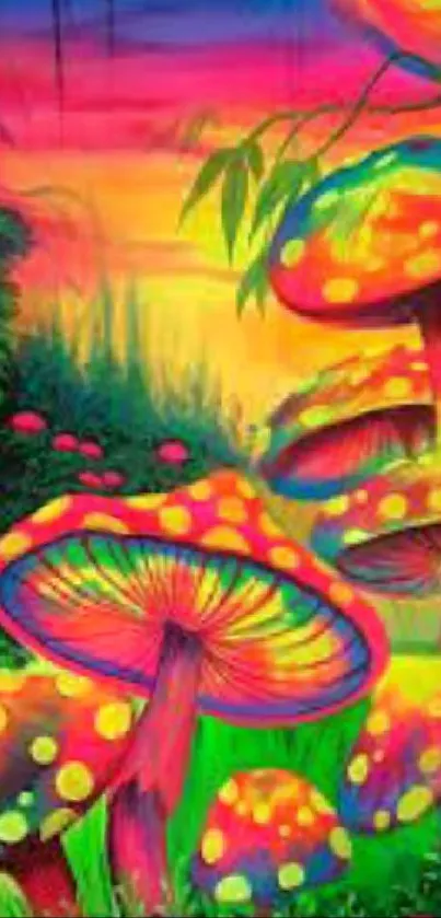 Vibrant neon mushroom fantasy wallpaper with glowing colors and forest scene.