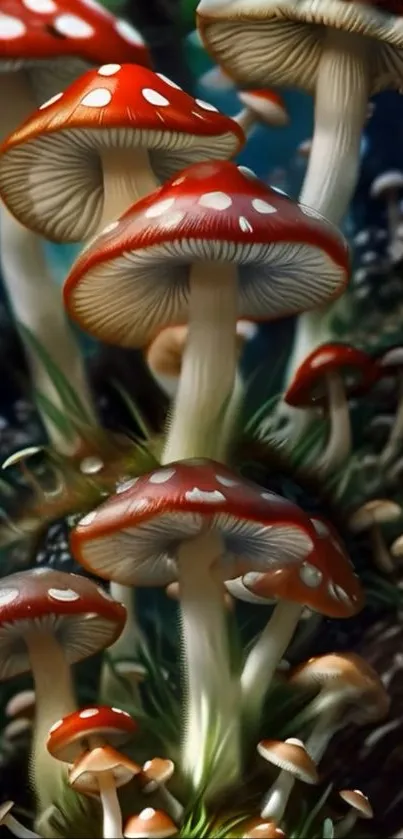 Red toadstools in a fantasy forest art scene.