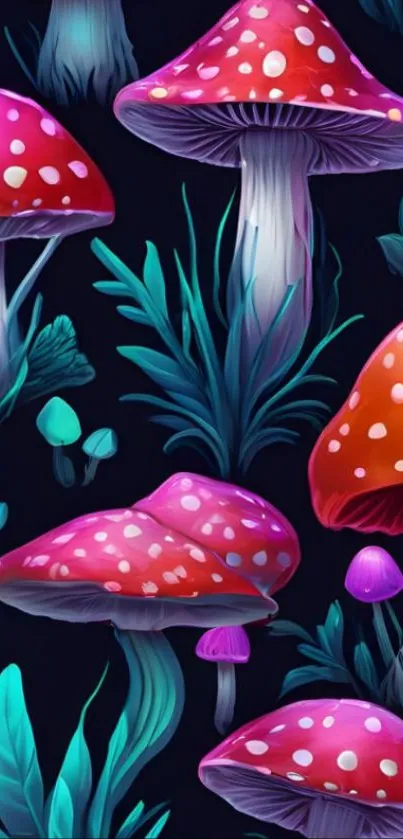 Vibrant mushrooms and lush foliage in fantasy art wallpaper