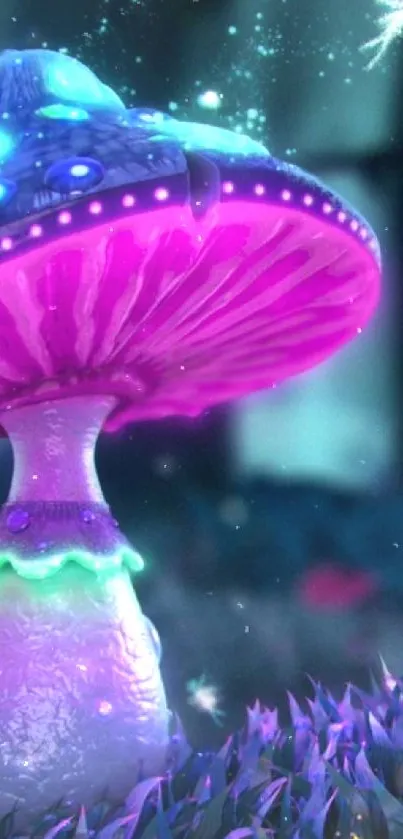 Glowing purple mushroom in a mystical fantasy scene.