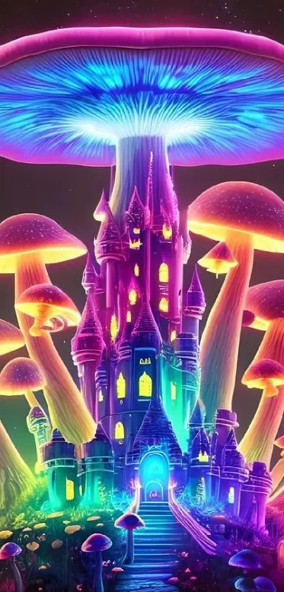 Vibrant fantasy mushroom castle glowing in neon colors.