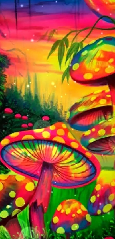 Vivid, colorful mushroom fantasy wallpaper with psychedelic hues.