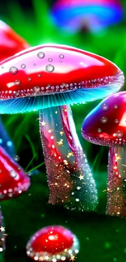 Vibrant glowing red mushrooms with sparkles on green background.