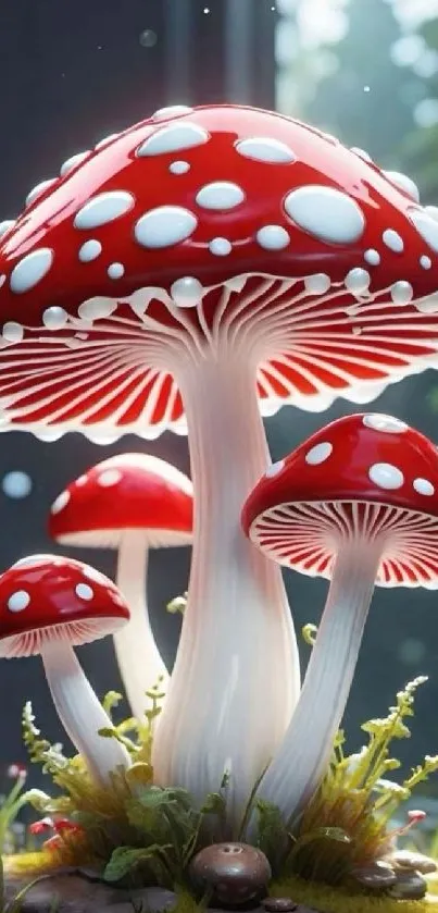 Vibrant red and white mushrooms in a fantasy setting.