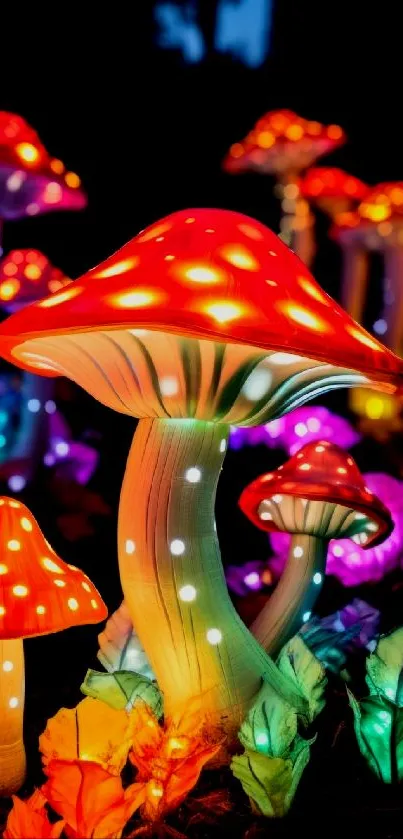 Vibrant glowing mushrooms in a magical forest scene, full of color and fantasy.