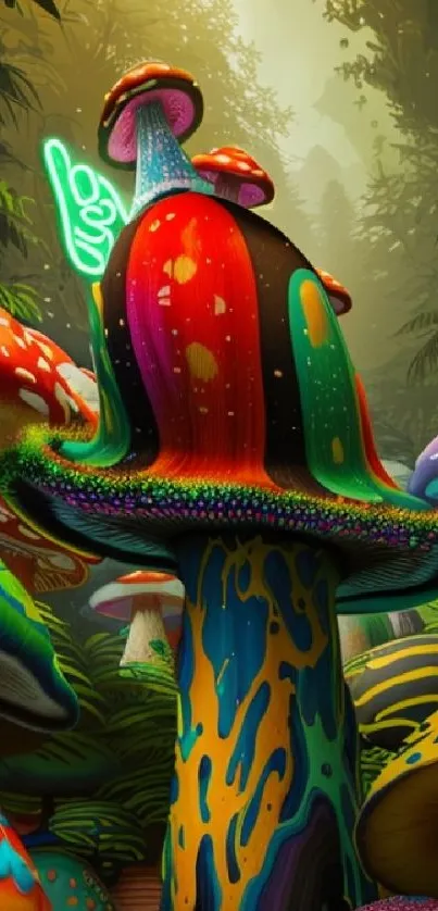 Colorful psychedelic mushroom fantasy wallpaper with vibrant hues.