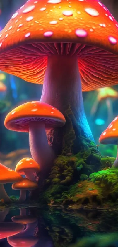 Vibrant mushrooms in a fantasy setting with glowing orange and pink hues.
