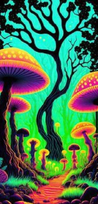 Vibrant neon fantasy mushroom forest illustration.