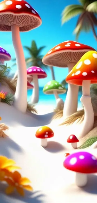 Colorful fantasy landscape with mushrooms and tropical trees.