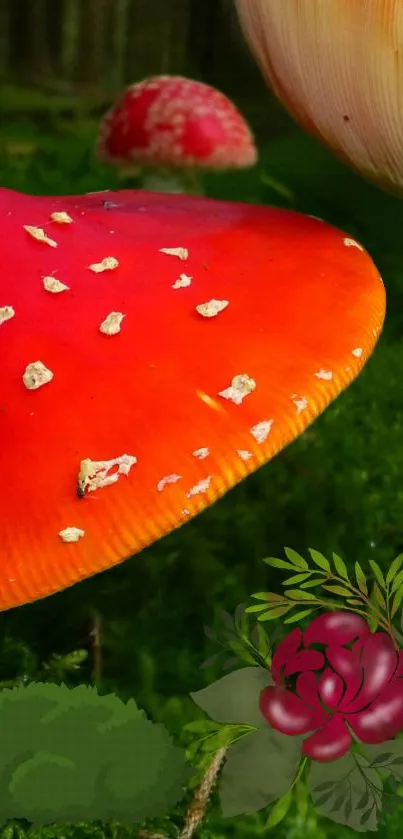 A vibrant red mushroom in a green forest setting, featuring bright colors.