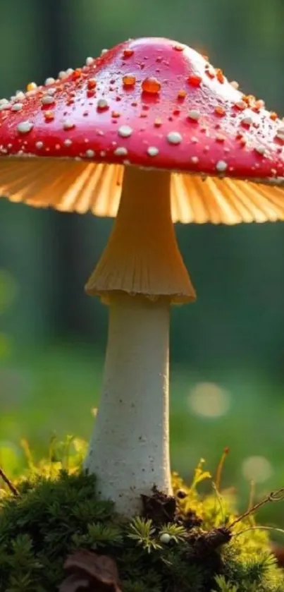 Vibrant red mushroom in forest scene with sunlight and moss.