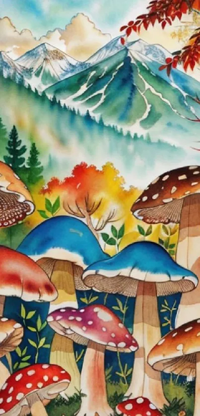 Colorful mushroom forest with mountain backdrop.